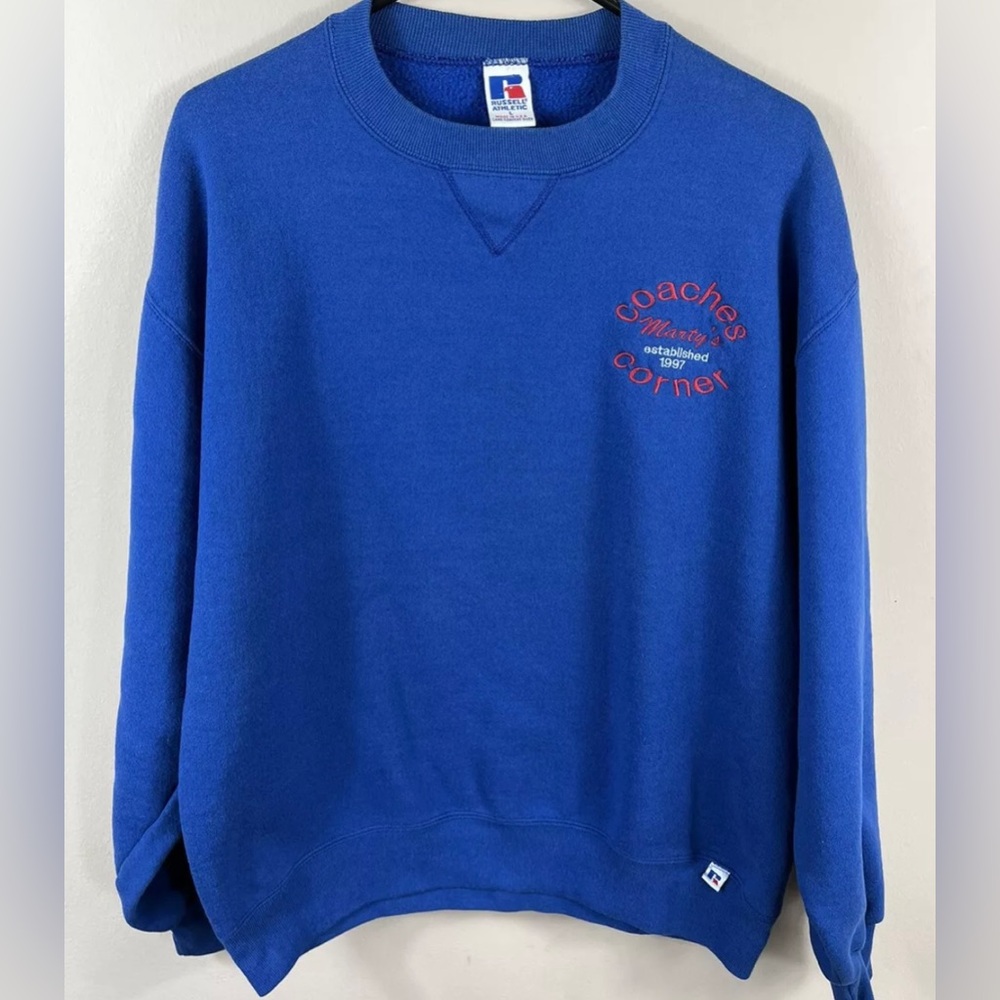 Vintage Russell Athletic Sweatshirt Lrg Blue Made USA Marty’s Coaches Corner